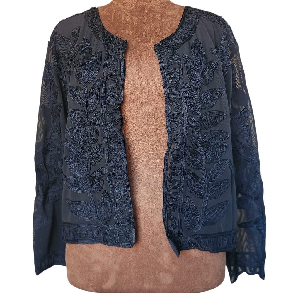 NWT Chicos Cropped‎ Cardigan Shrug Size Large 2 Black Sheer Textured Open